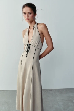 ZARA ЛЬНЯНОЕ ПЛАТЬЕ С КОНТРАСТНОЙ ОТДЕЛКОЙ, СВЕТЛО-БЕЖЕВЫЙ