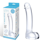 Прозрачный стеклянный фаллос с мошонкой Curved G-Spot - 18 см. (Цвет: прозрачный)