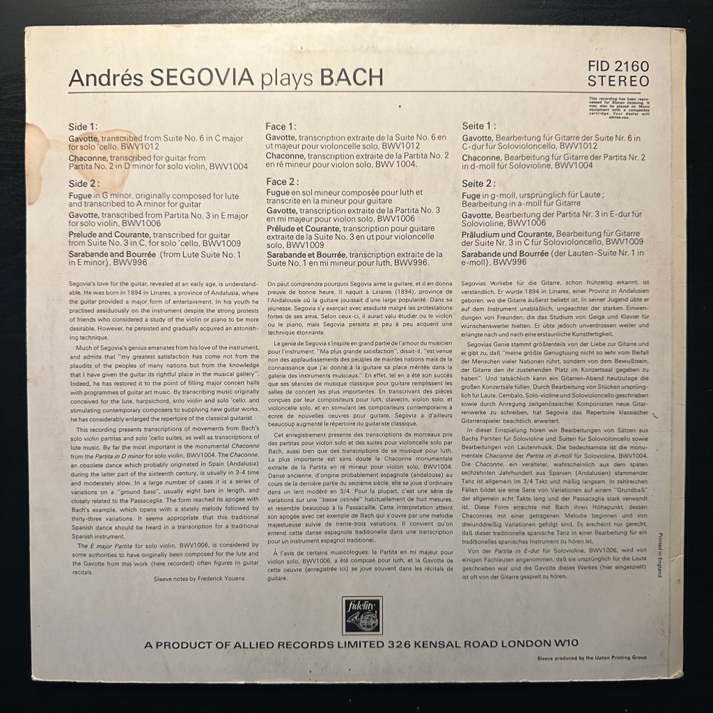 Segovia, Bach - Andres Segovia Plays Bach (Англия 1969г.)