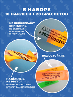 Браслет-потеряшка с номером телефона 10 наклеек+20 браслетов