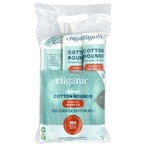 Cliganic, Круглые упаковки из органического хлопка с маслом жожоба, 3 упаковки (100 шт.)