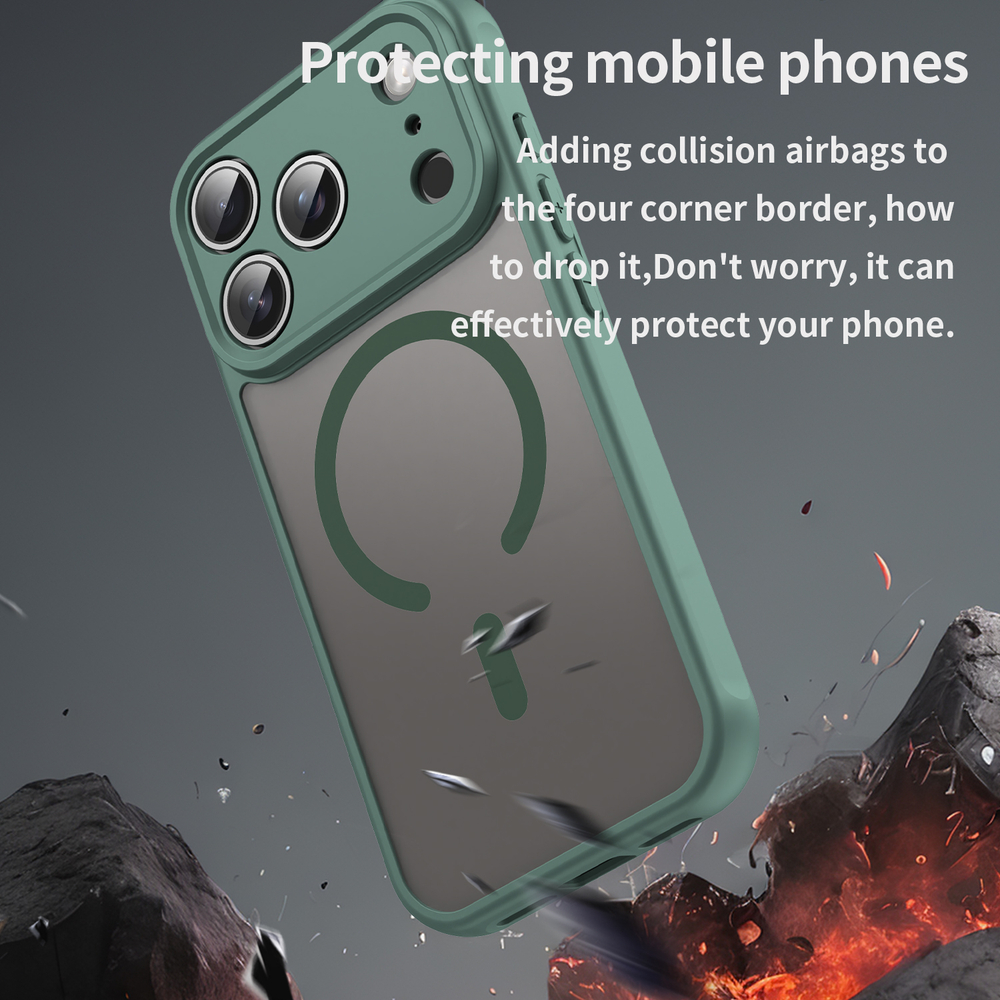 Полупрозрачный матовый чехол с MagSafe для iPhone 17 Pro, усиленные боковые рамки зеленого цвета