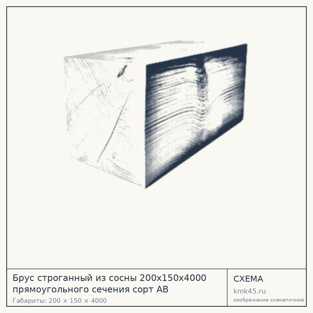 Схема с габаритами: Брус строганный из сосны 200x150x4000 прямоугольного сечения сорт АВ