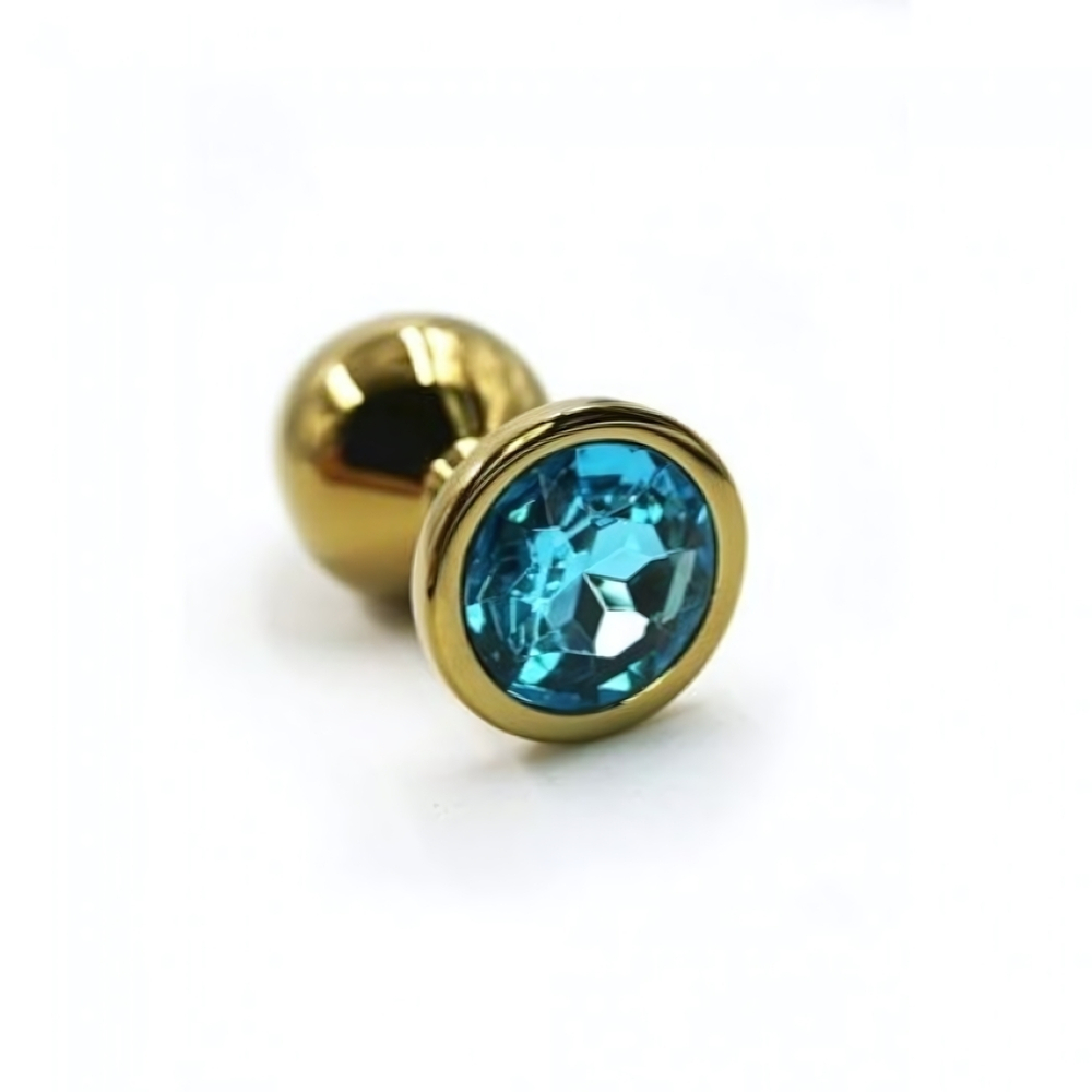 Металлическая анальная пробка Small light blue gold (Цвет: цвет пробки золотой, цвет камня: голубой.)