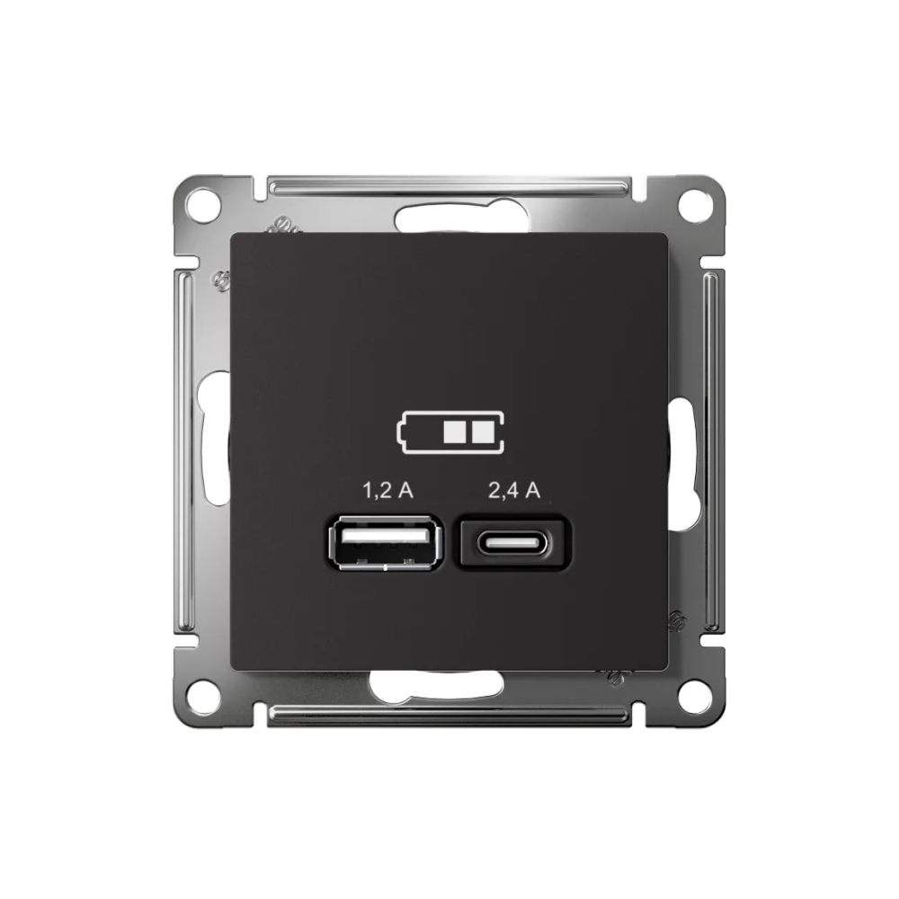 ATLASDESIGN USB РОЗЕТКА А+С, 5В/2,4А, 2х5В/1,2А, механизм, КАРБОН