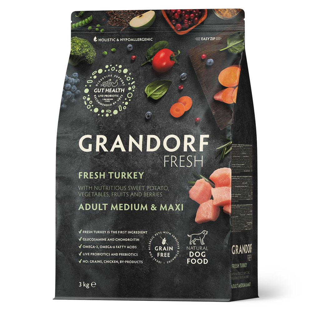 Беззерновой корм с живыми пробиотиками GRANDORF Fresh Dog Adult Med&Maxi Turkey&Sweet Potato cвежее мясо индейки с бататом 3 кг Беззерновой корм с живыми пробиотиками GRANDORF Fresh Dog Adult Med&Maxi Turkey&Sweet Potato cвежее мясо индейки с бататом 3 кг