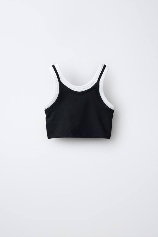 ZARA ДВУХСЛОЙНЫЙ ТОП КОНТРАСТНОГО ЦВЕТА, ЧЕРНЫЙ