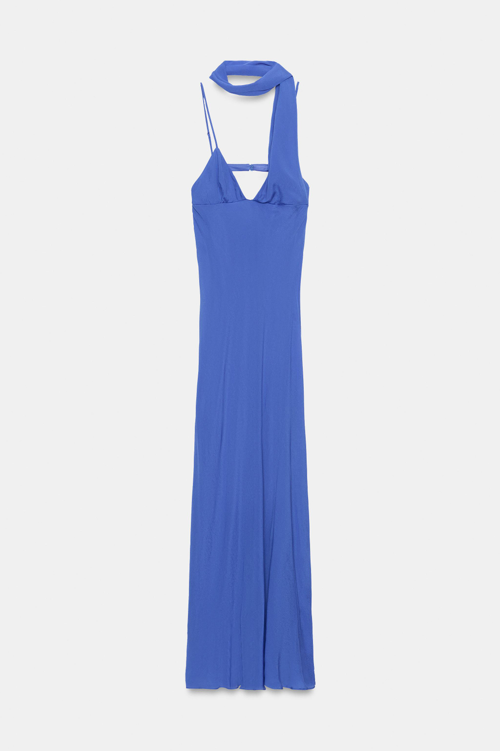 ZARA ДЛИННОЕ ПЛАТЬЕ ИЗ ЖОРЖЕТА С ТОНКИМИ БРЕТЕЛЯМИ И ШАРФОМ, СИНИЙ