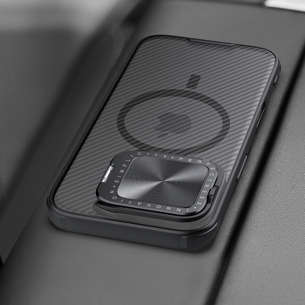 Чехол прозрачный тонированный (Transparent Black) от Nillkin с металлической крышкой и MagSafe на iPhone 16 Pro, серия CamShield Prop Magnetic Case
