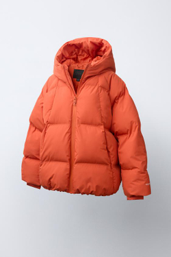 ZARA СТЕГАНАЯ КУРТКА С КАПЮШОНОМ WATER REPELLENT, ОРАНЖЕВЫЙ