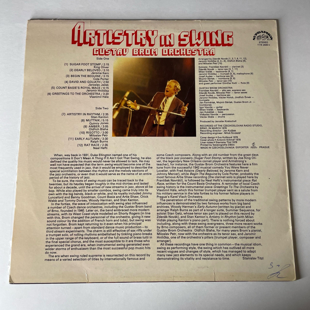 Винтажная виниловая пластинка LP Gustav Brom Orchestra Оркестр Густава Брома, Artistry In Swing (Чехословакия 1984)