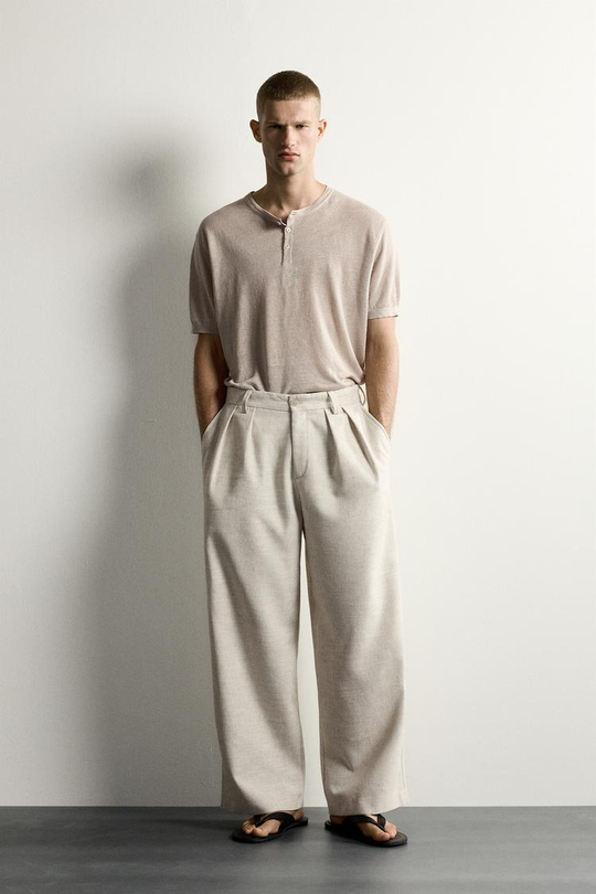 ZARA БРЮКИ RELAXED FIT СО СКЛАДКАМИ, СВЕТЛО-БЕЖЕВЫЙ