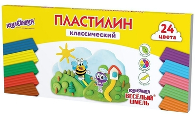 Пластилин классический 24 цвета 480г,со стеком "ВЕСЁЛЫЙ ШМЕЛЬ"(ЮНЛАНДИЯ)