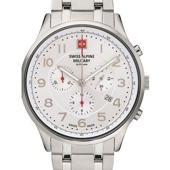 С браслетом Мужские наручные часы с серебряным браслетом Swiss Alpine Military 7084.9132 Chronograph 43mm 10ATM