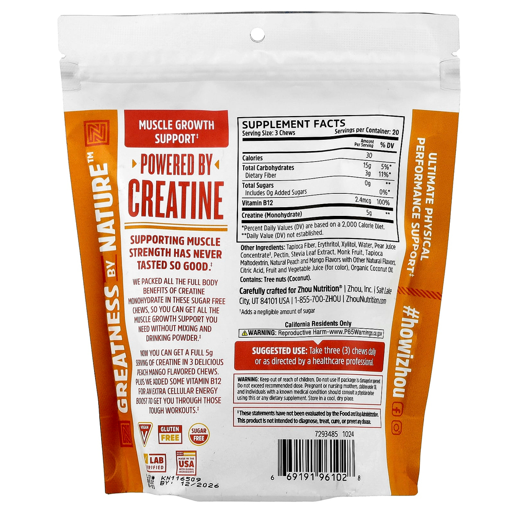 Zhou Nutrition, Creatine Chews, персик и манго, 60 жевательных таблеток