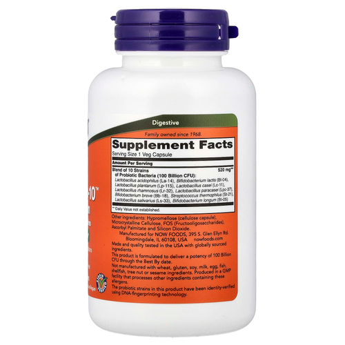 NOW Foods, Probiotic-10™, комплекс пробиотиков, 100 млрд КОЕ, 60 растительных капсул