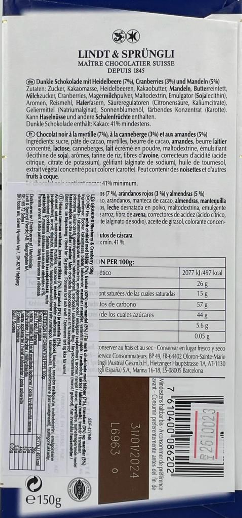 Lindt темный шоколад Les Grandes черника и клюква, 150 г (Из Финляндии)