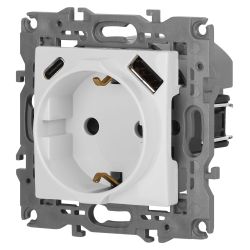 Розетка ЭРА Elegance 14-4108-01 2P+E 16A-250В со шторками с USB type-A+C 5В-3А белый | Эра Elegance