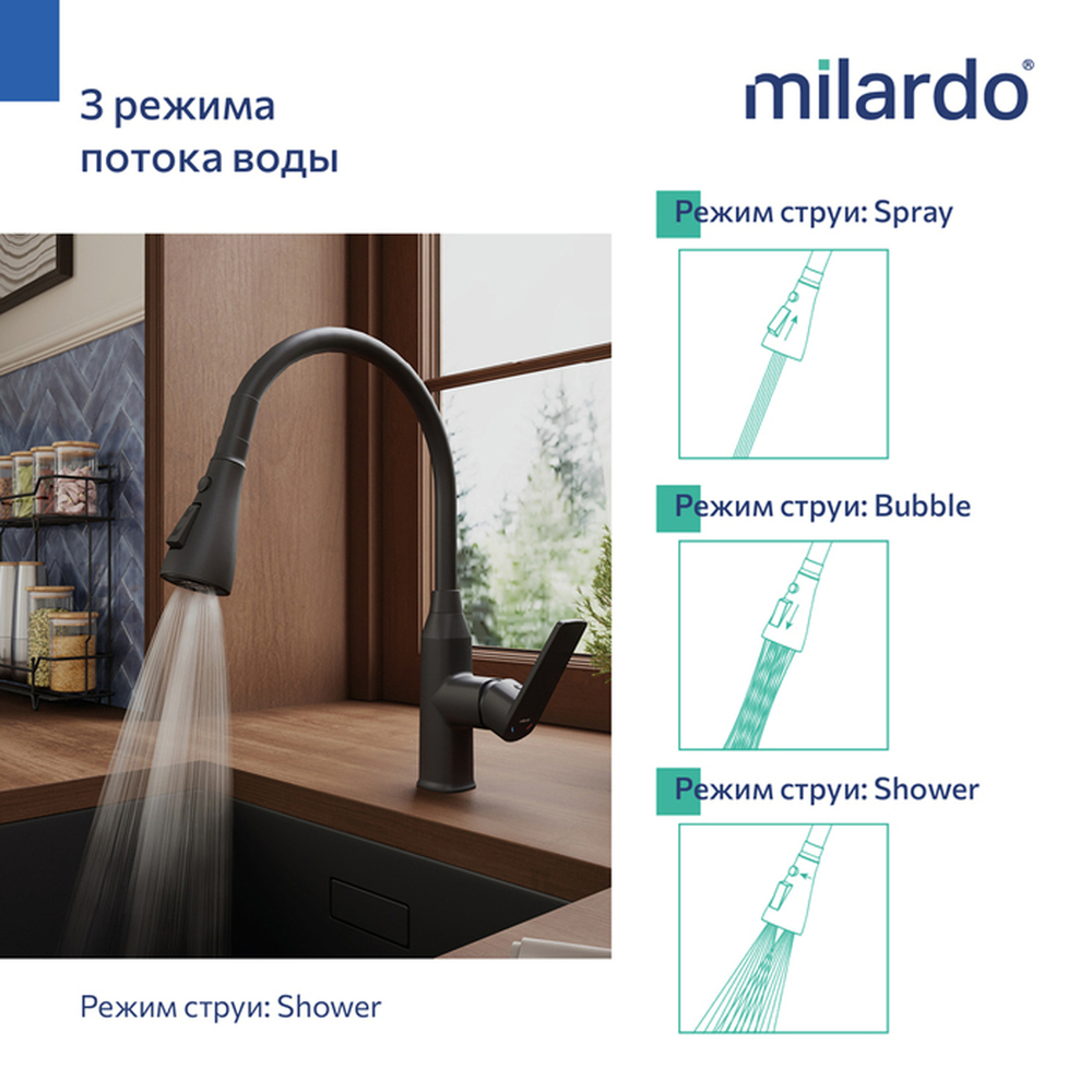 Смеситель для кухни 35к Milardo POLBL0FM05 Поли (Poli) выс. гиб.черный излив,п/гайку,пластик, ЧЕРНЫЙ