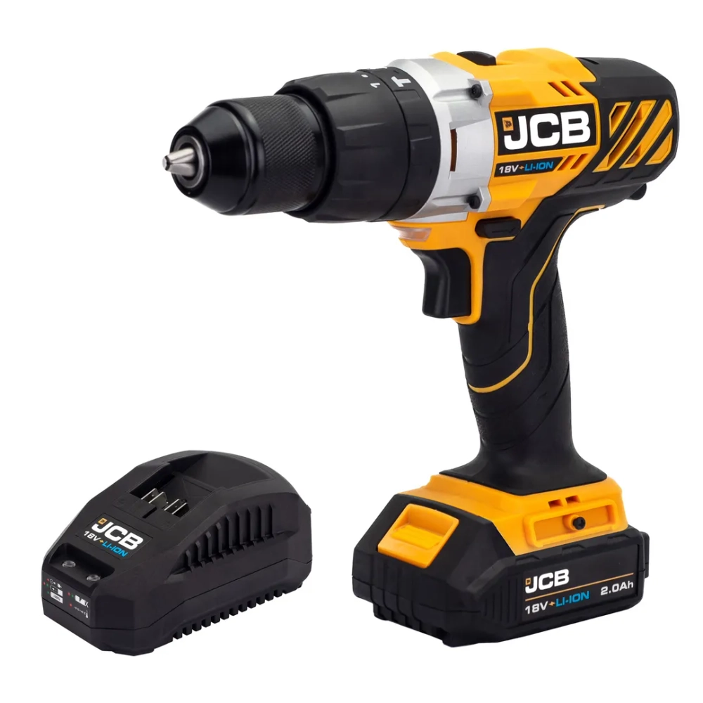 Дрель-шуруповерт аккумуляторная (JCB-18CD-B-E) 18V, max 45Nm в комплекте с зарядным устройством (JCB-18VFC-E) 2.4A и батареей аккум(JCB-20LI-E) 2.0AH JCB JCB-18CD-2XB-E