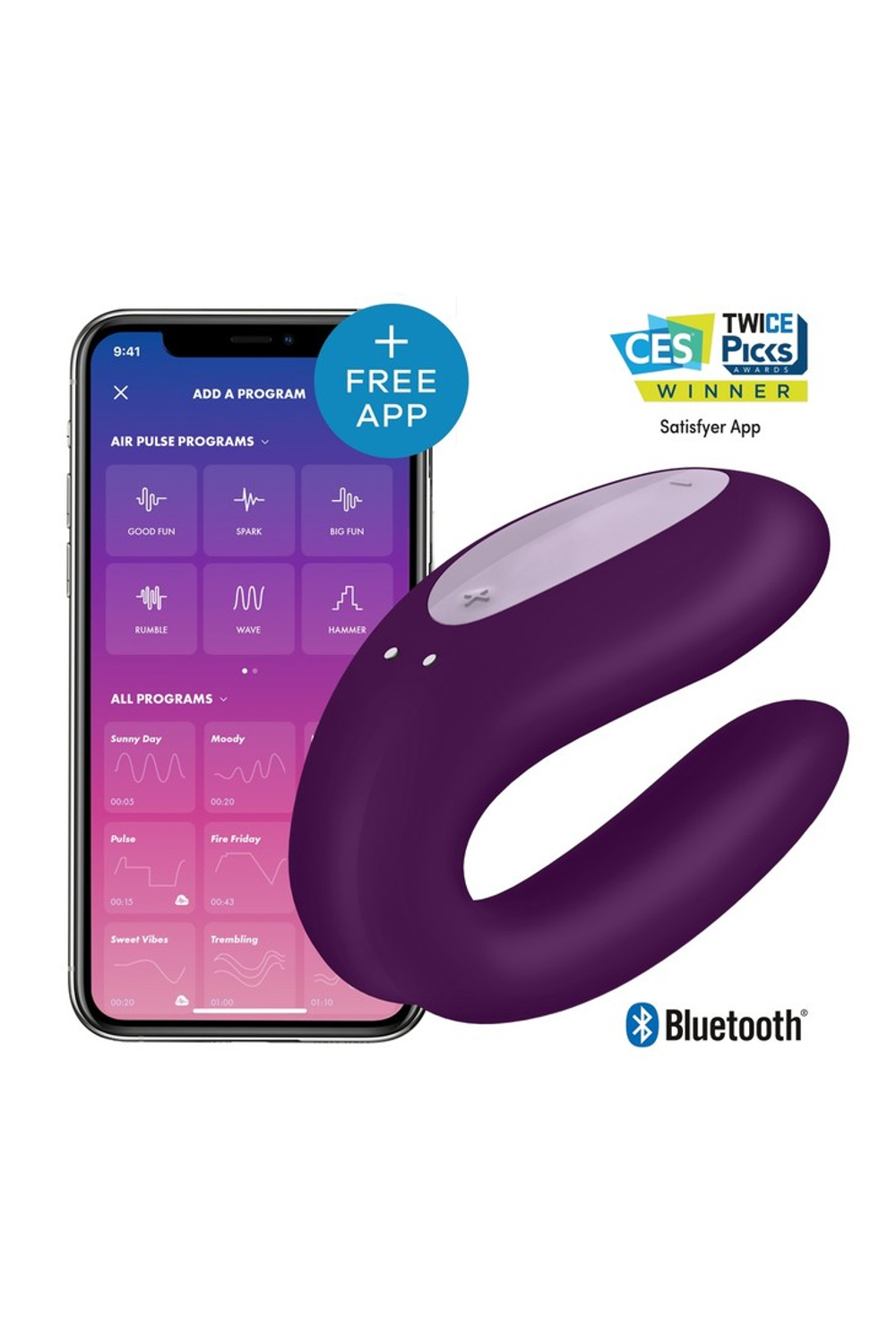 Парный вибратор Satisfyer Double Joy с возможностью управления через приложение, фиолетовый
