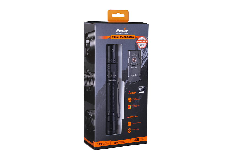 Набор, тактический фонарь Fenix PD36R Pro + брелок E03R V2.0 Grey