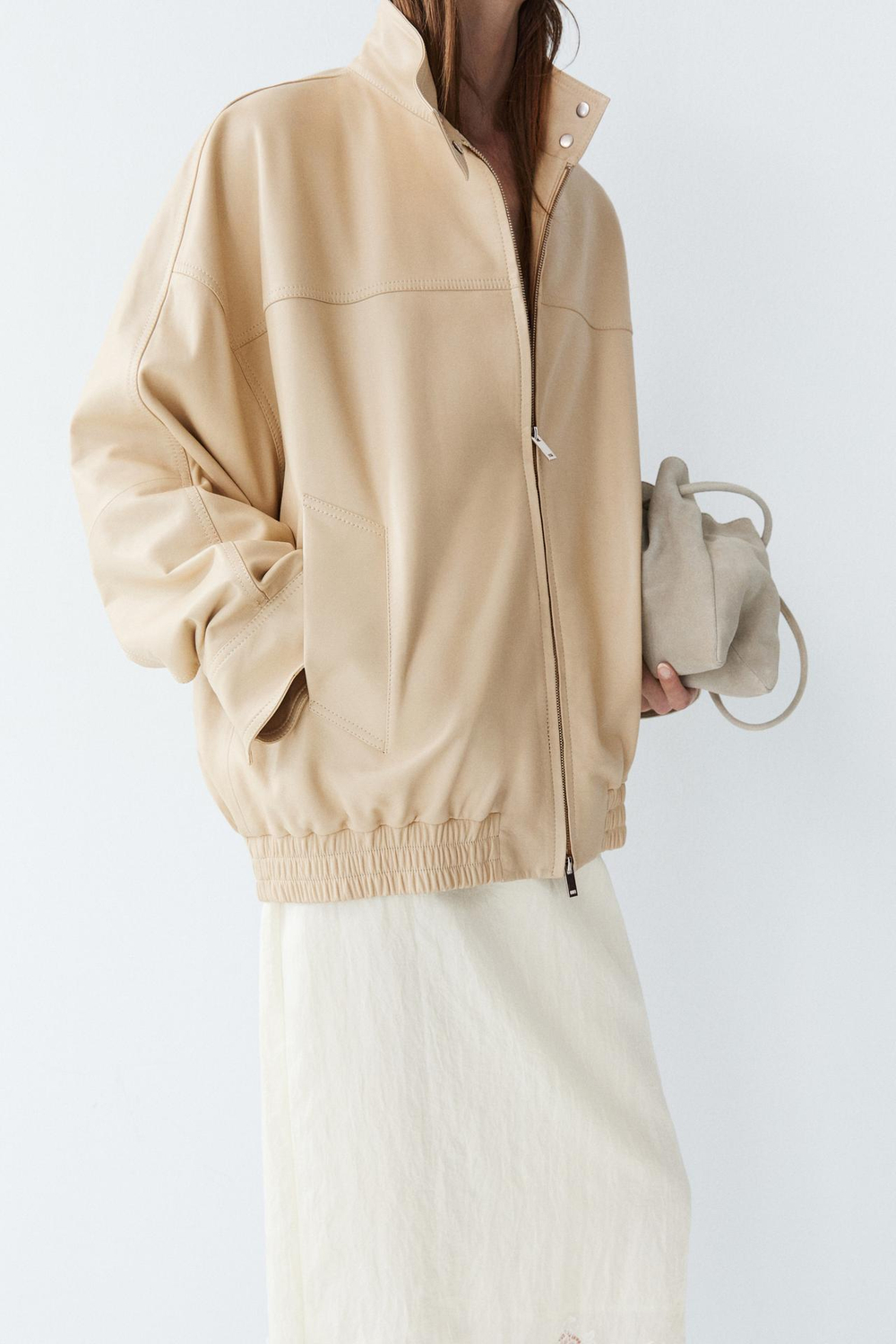Massimo Dutti Кожаная куртка с эластичным низом, кремовый
