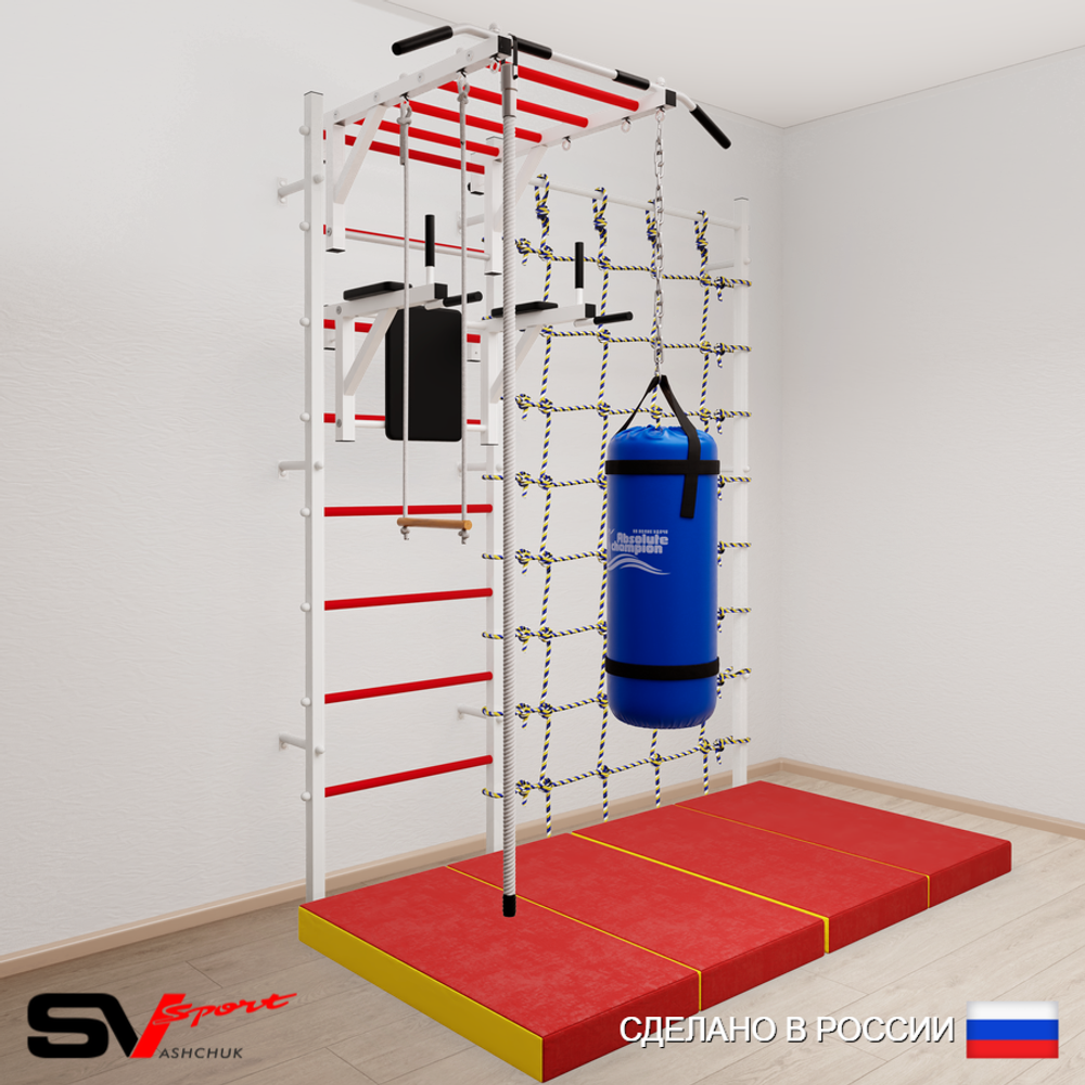 Шведская стенка Sv Sport усиленная 64660 (Турник рукоход/Брусья/Канат/Трапеция/Цепь/Мешок 22кг/Мат 2м/Канатный лаз)