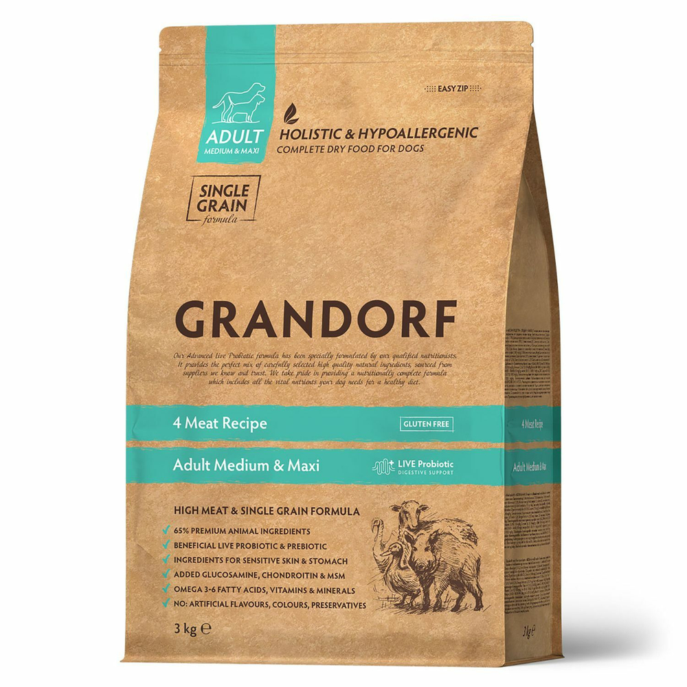 Сухой корм GRANDORF DOG 4 Meat PROBIOTIC MED&MAXI 4 вида мяса с пробиотиками для собак средних и крупных пород 3 кг