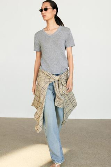 Massimo Dutti Трикотажный топ с короткими рукавами, голубоватый