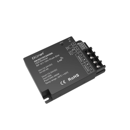 Donel,RF контроллер , напряжение питания 12-24V, 1х20А, выходная мощность 1×(240-480)W, Push-Dim, 0/