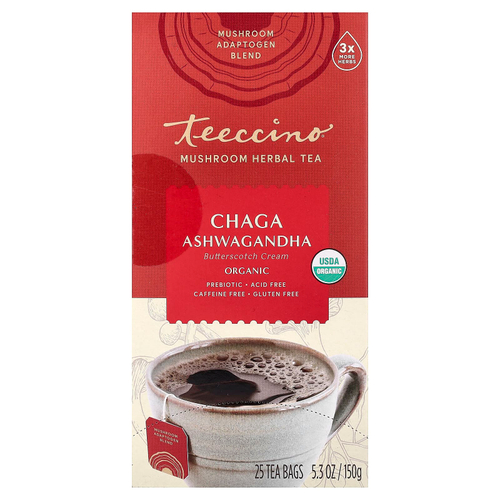 Teeccino, Органический грибной травяной чай, чага ашваганда, крем с ириской, без кофеина, 25 чайных пакетиков, 150 г (5,3 унции)