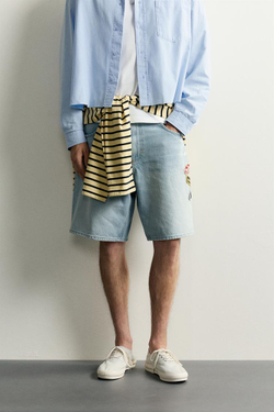 ZARA ДЖИНСОВЫЕ ШОРТЫ RELAXED FIT С НАШИВКАМИ, СИНИЙ