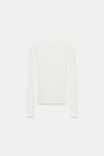 ZARA ФУТБОЛКА В РУБЧИК С ДЛИННЫМИ РУКАВАМИ, ЖЕЛТОВАТО-БЕЛЫЙ