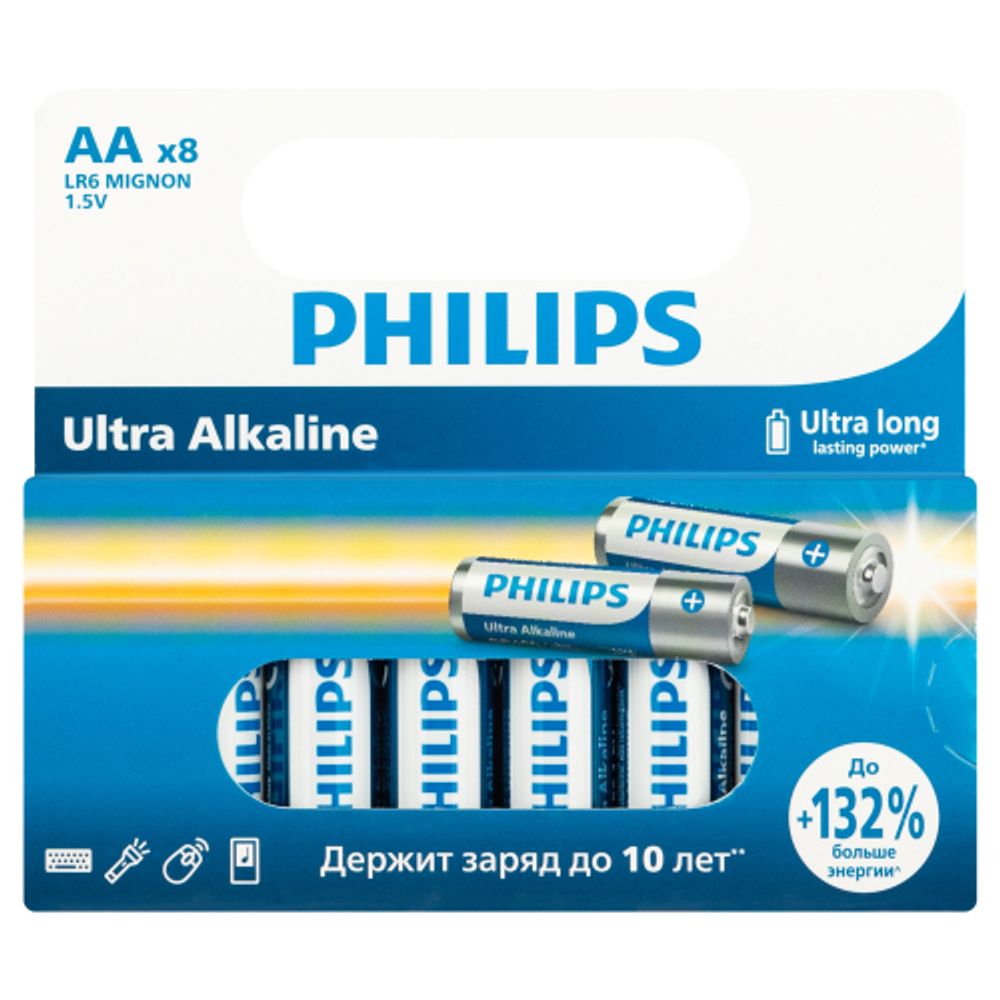 Батарейки Philips LR6E8W/51 АА алкалиновые 1,5v 8 шт. LR6-8BL Ultra | Батарейки Щелочные (Алкалиновые)