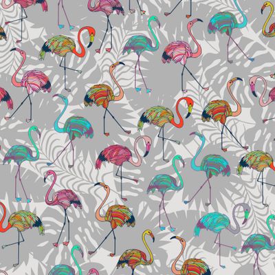 seamless pattern of tropical leaves and flamingo.