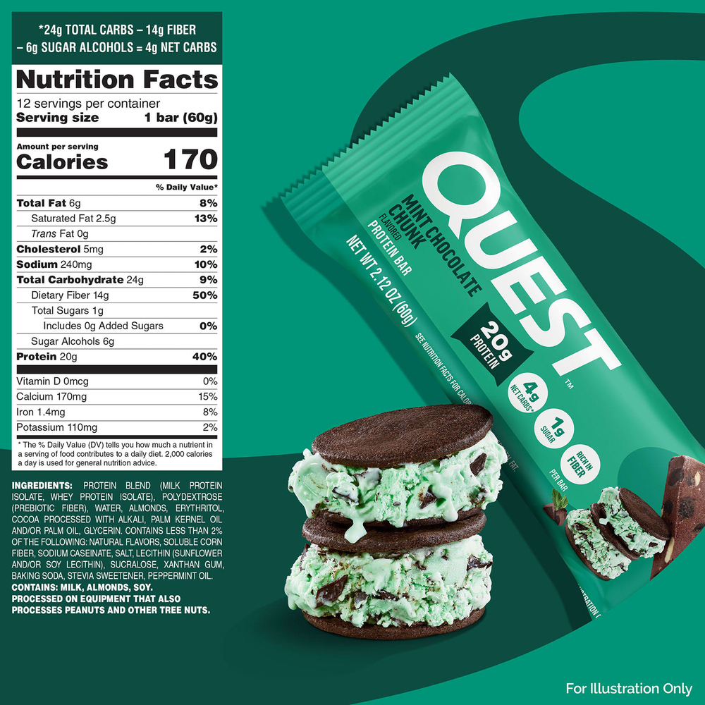 Quest Nutrition, протеиновый батончик, мята и шоколадная крошка, 4 шт. по 60 г (2,12 унции)