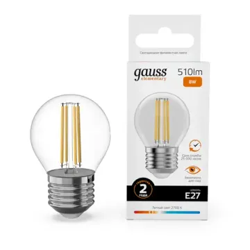 Лампа Шар 8W 510lm 2700К Е27 LED 52218 Filament Elementary Gauss