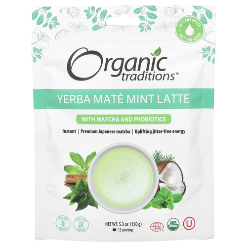 Organic Traditions, мятный латте с матча и пробиотиками, 150 г (5,3 унции)