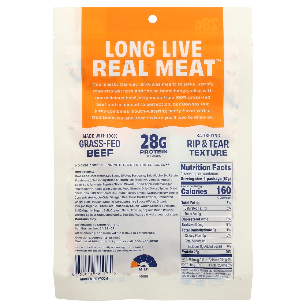 Country Archer Jerky, Cowboy Cut, вяленая говядина травяного откорма, горчица-гриль, 57 г (2 унции)