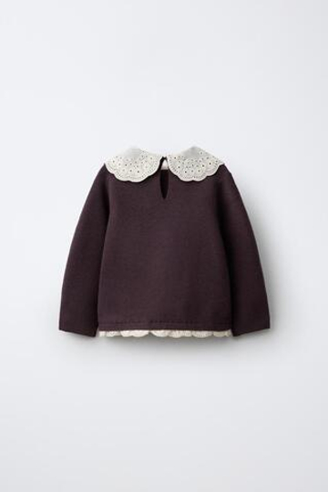 ZARA ДЖЕМПЕР С ВЫШИТЫМ ВОРОТНИКОМ, БУРГУНДИ