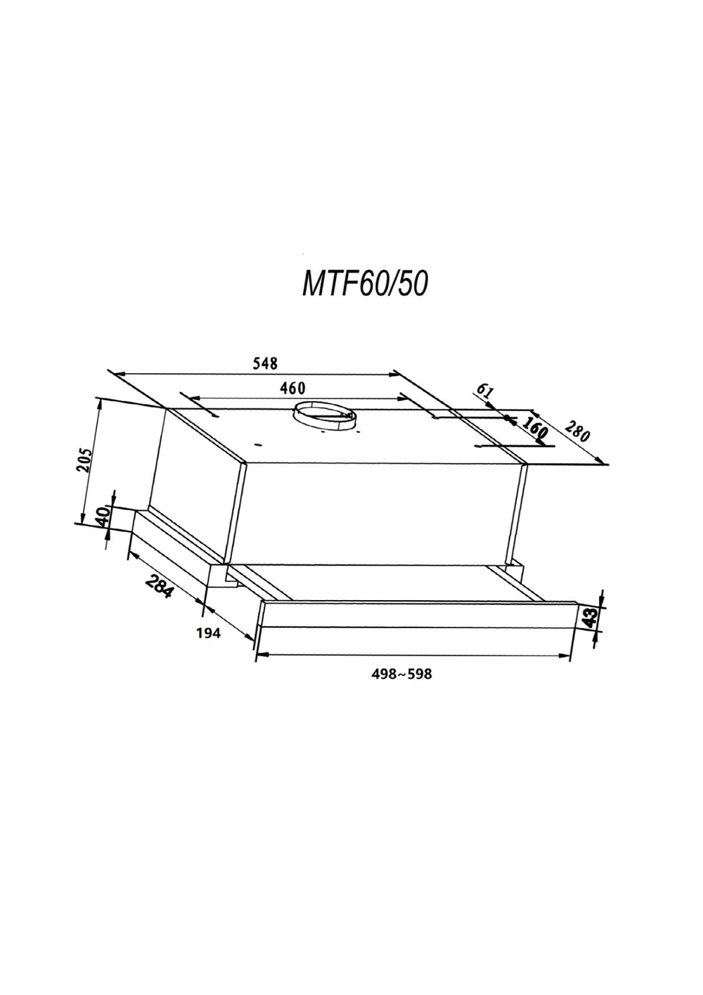 Кухонная вытяжка MACBI встраиваемая MTF 60-3 800м3/ч Черная (планка: акрил)