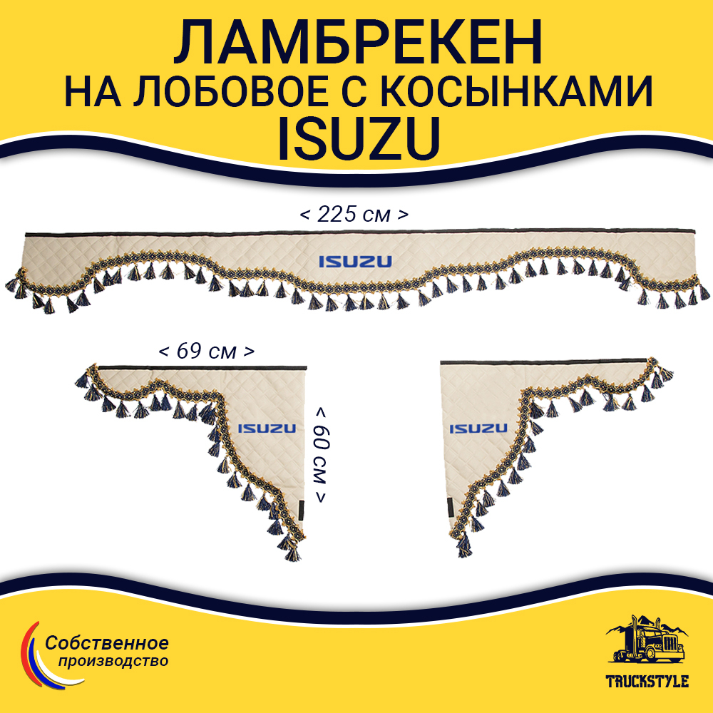 Ламбрекен с косынками стеганые Isuzu (экокожа, бежевый, синие кисточки)