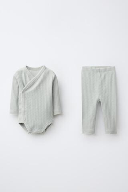 ZARA КОМПЛЕКТ ИЗ БОДИ С ЗАПАХОМ И ЛЕГИНСОВ В АЖУРНЫЙ РУБЧИК, ЦВЕТ МОРСКОЙ ВОЛНЫ