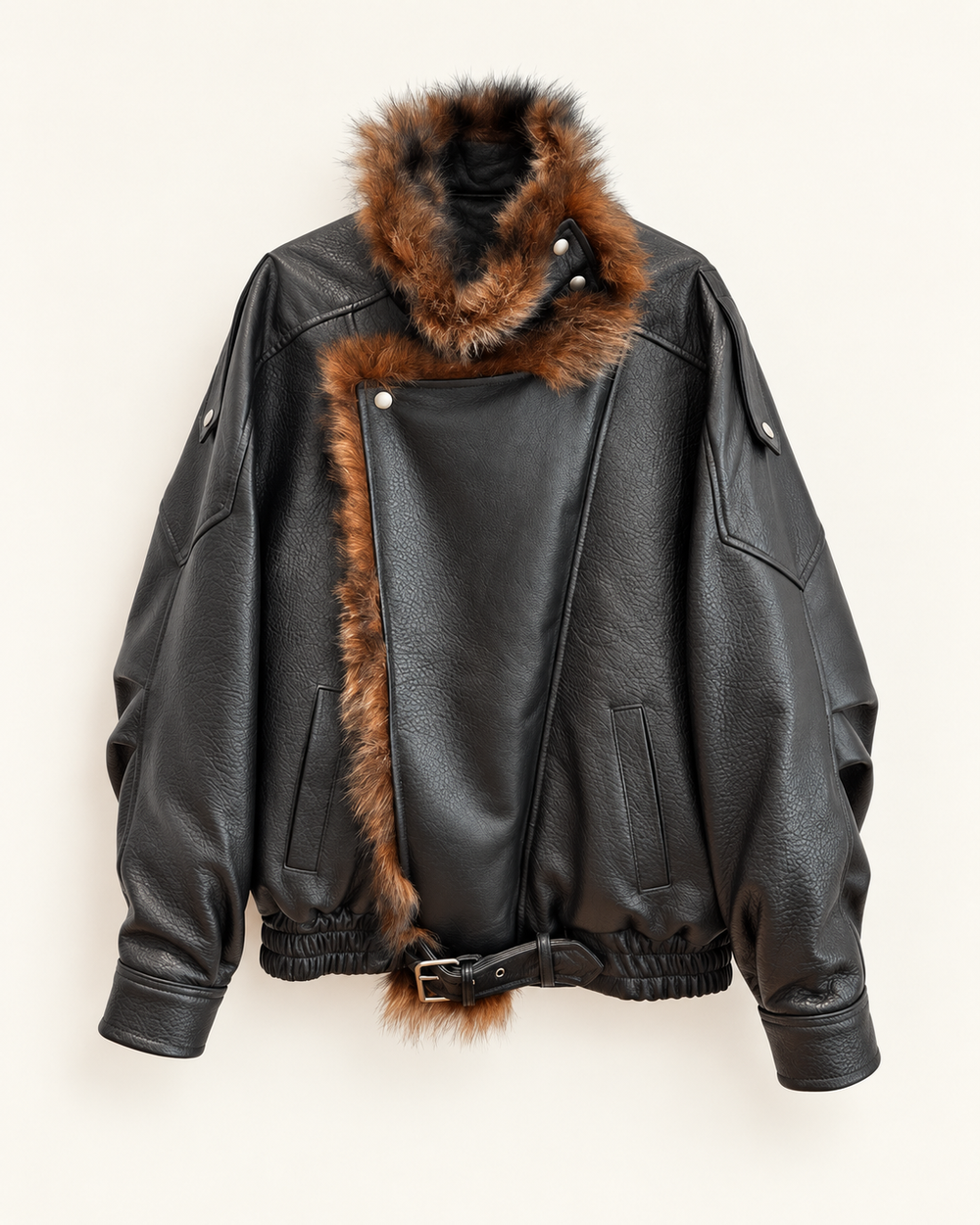 Женская кожаная куртка-авиатор Saint Laurent с объёмным воротником — чёрная