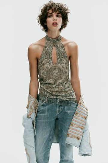 ZARA ТОП С ГОРЛОВИНОЙ ХАЛТЕР И БУСИНАМИ, ТЕМНЫЙ ХАКИ
