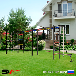 Уличная шведская стенка Sv Sport рукоход х 2 с комплектом турник прямой У53655 (Турник/Брусья/Стойка/Скамья/Деревянные/Кронш бокс/Канат/кольца/лестница/Сетка)