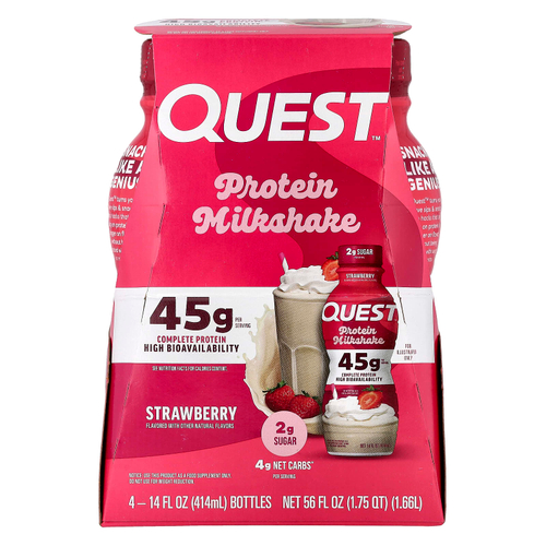 Quest Nutrition, Протеиновый молочный коктейль, клубника, 4 флакона по 414 мл (14 жидк. Унций)