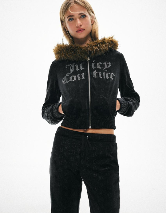 BERSHKA X JUICY COUTURE БАРХАТНАЯ КУРТКА С КАПЮШОНОМ, ЧЕРНЫЙ