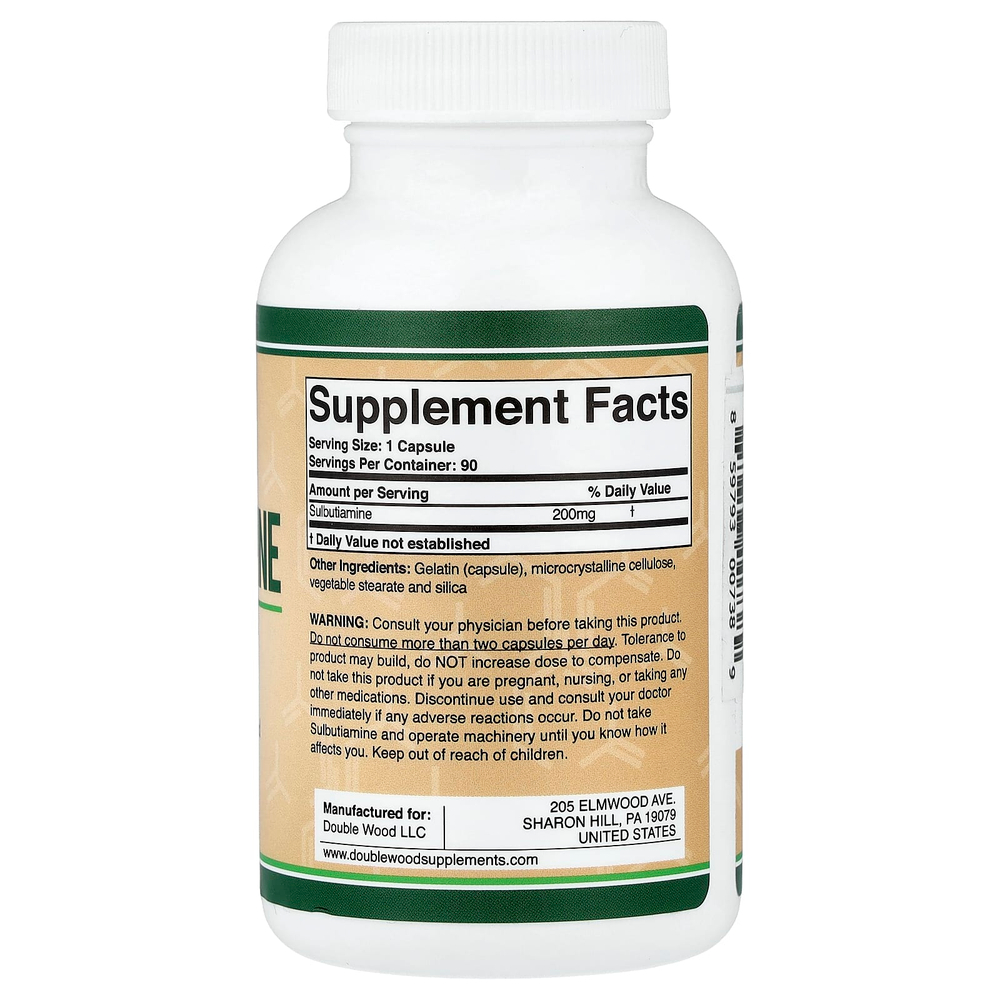 Double Wood Supplements, Sulbutiamine, 200 mg, 90 Capsules